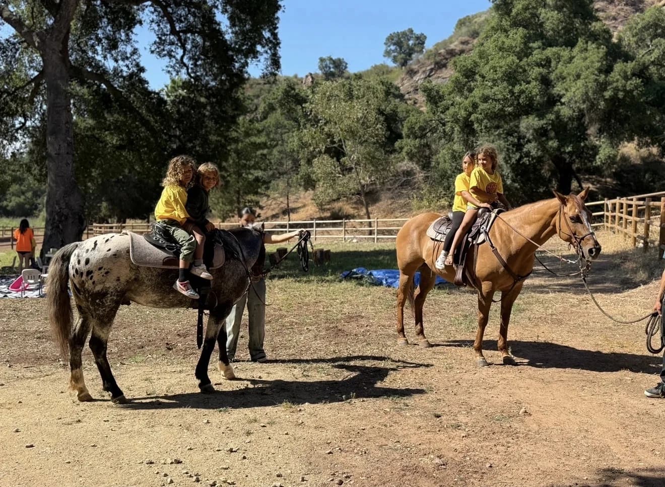 Children riding horses with guides during a ranch day